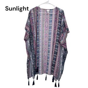 Lucky Brand Womens Sheer Kimono Cardigan W/ Tassels Multicolor Small Polyester
